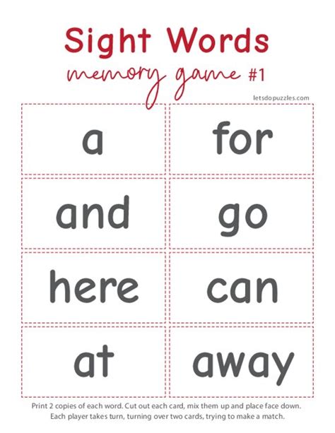 Sight Word Memory Game Printable