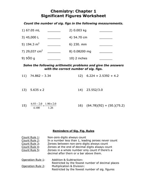 significant figures worksheet answers chemistry