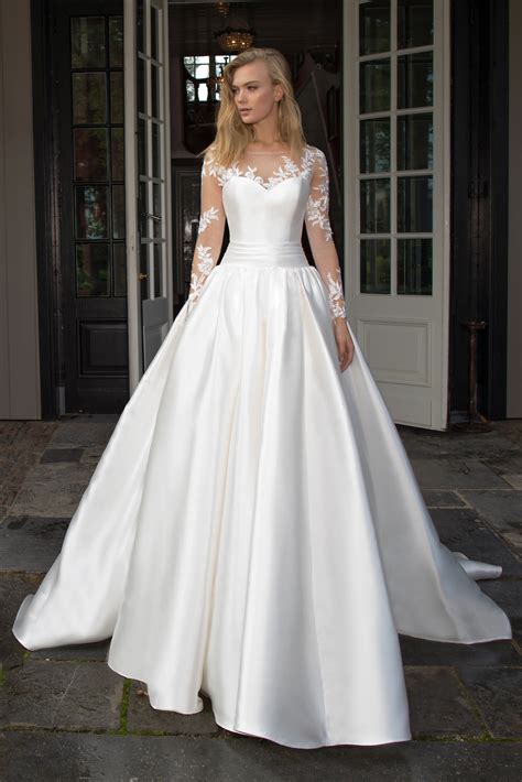 EMBROIDERED SILK SATIN MERMAID BRIDAL GOWN WITH LONG SLEEVES, WHITE