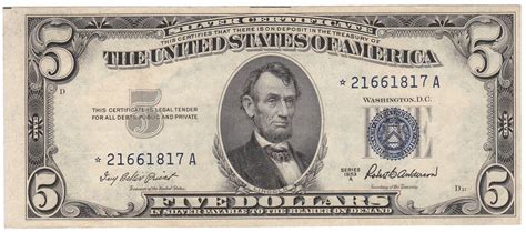 Old 1953 Five Dollar Bill 5 Blue Seal Silver Certificate Note