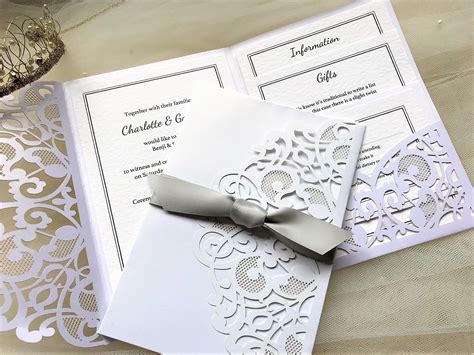 Silver Laser Cut and Glitter Lace Pocketfold Wedding Invitation + Enve