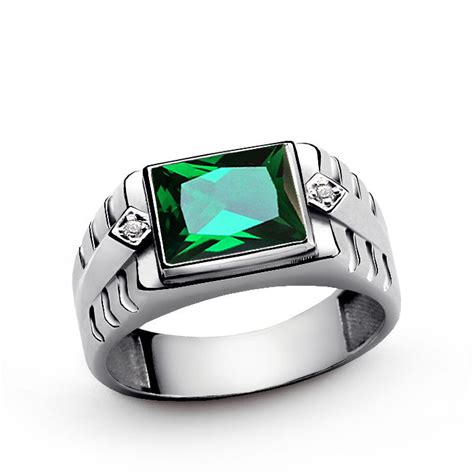 silver ring with green stone for men