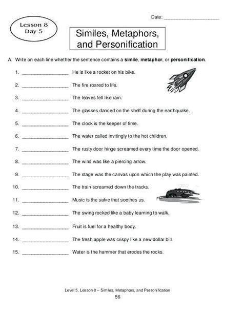simile metaphor personification worksheet grade 5