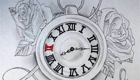 a black and white drawing of a clock with a rose on it