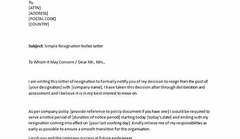 Simple Resignation Notice Letter Template Word Templates