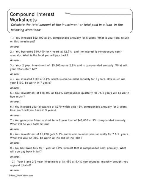 simple and compound interest worksheets grade 8 pdf