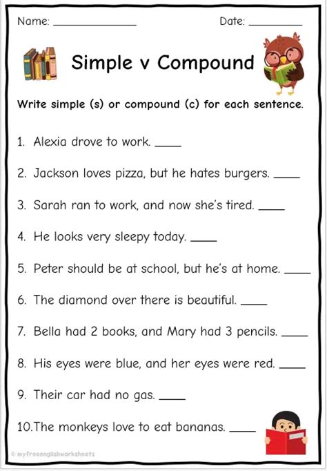 simple and compound sentences worksheet for grade 5