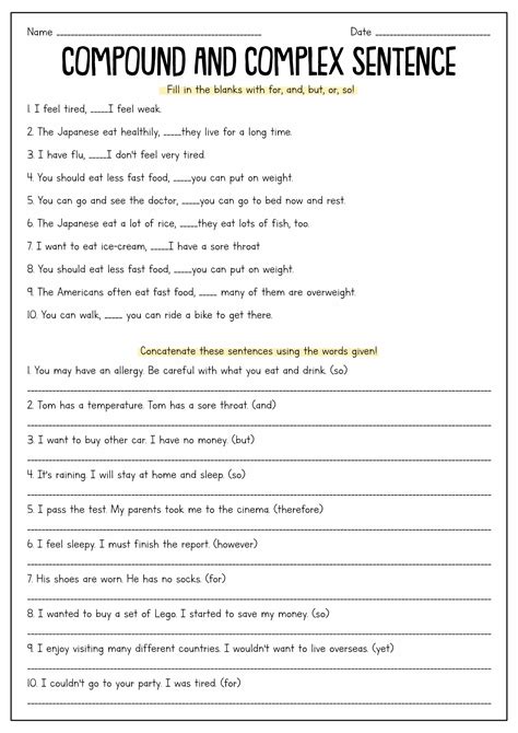 simple compound complex sentences worksheet with answers class 7