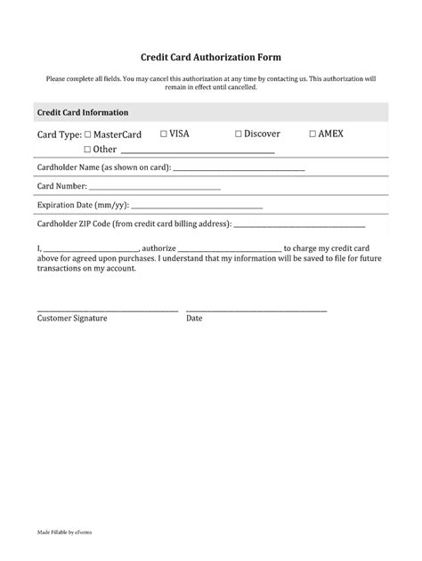 Simple Credit Card Authorization Form Template