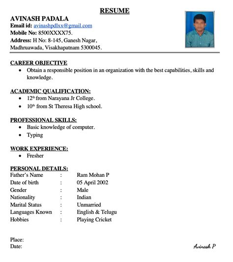 simple cv format word free download india