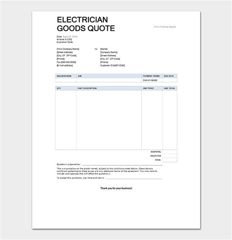 simple electrical work quotation format in word