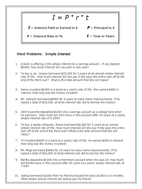 simple interest word problems worksheet 7th grade