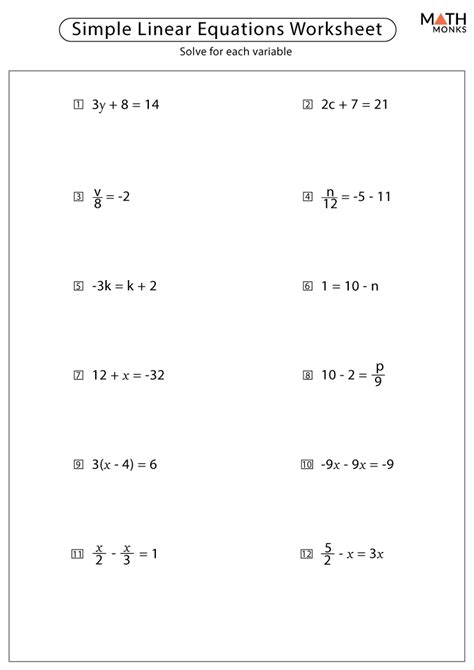 Simple Linear Equation Quiz Printable
