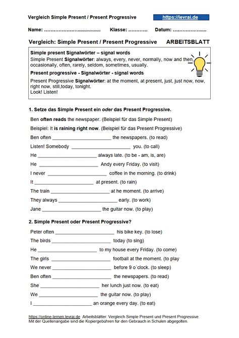 Present Progressive Arbeitsblätter Worksheets