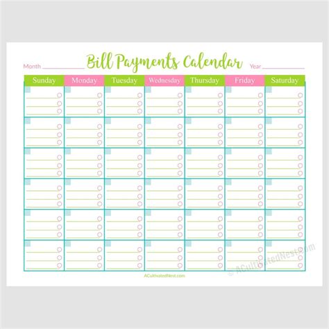 Simple Printable Bill Calender