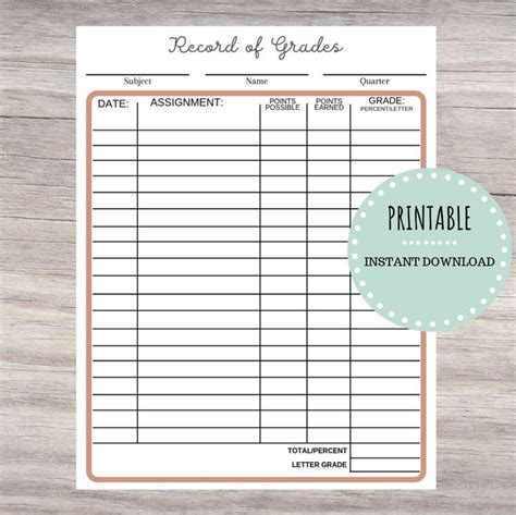 Simple Record Of Grades Printable
