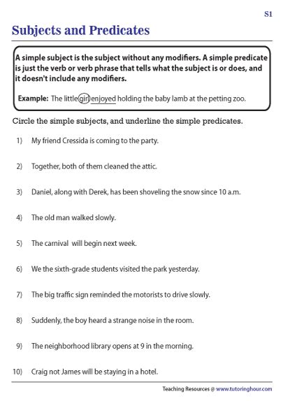 simple subject and simple predicate exercises with answers pdf