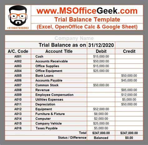 simple trial balance format in excel