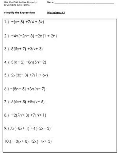 simplifying algebraic expressions worksheet grade 7 with answers