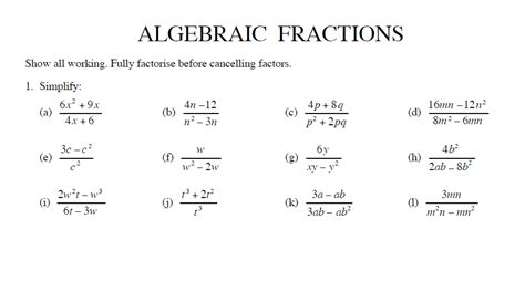 simplifying algebraic fractions worksheet ks3