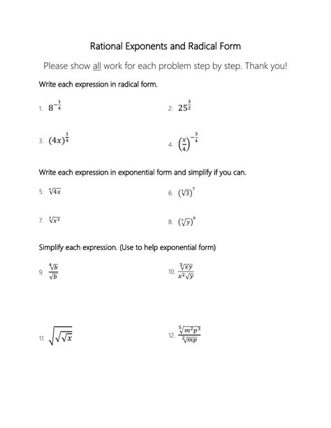 simplifying expressions with rational exponents and radicals worksheet answers