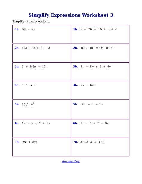 simplifying expressions worksheet with answers pdf grade 6