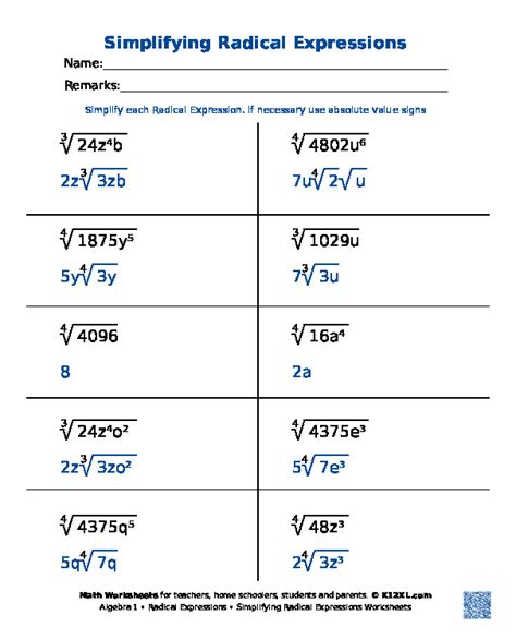 simplifying radical expressions worksheet answers