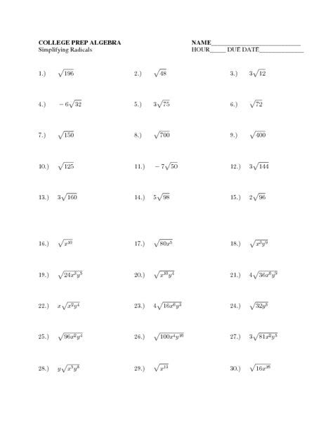 simplifying radicals worksheet algebra 1