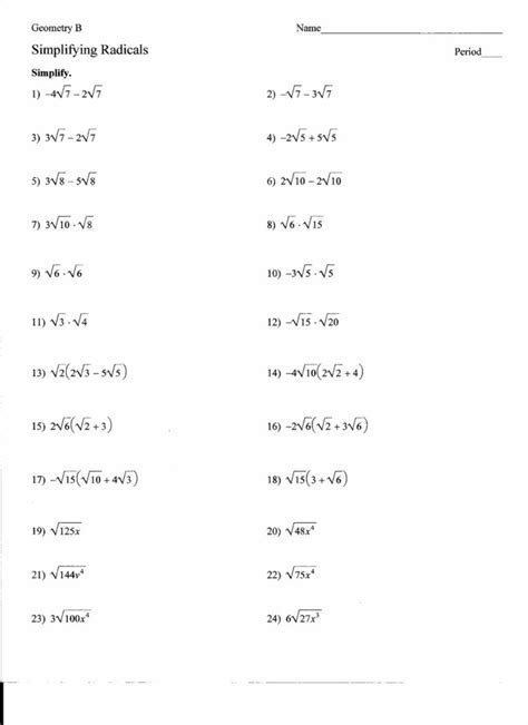 simplifying radicals worksheet college algebra