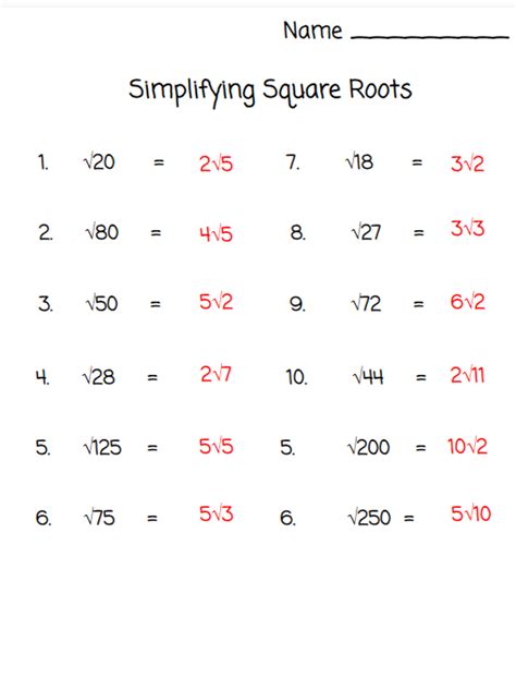 Simplifying Square Roots Worksheet With Answers Printables