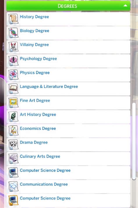 sims 4 university degree list