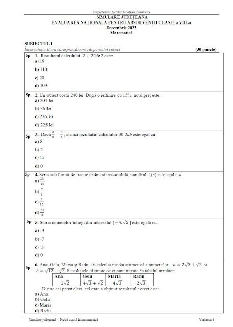 simulare evaluare nationala 2023 constanta