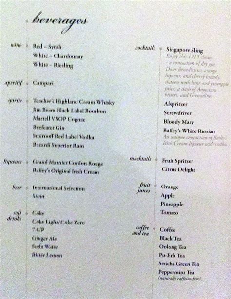 singapore airlines business class drinks menu