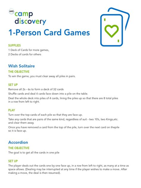 Single Deck Card Games Printable Directions
