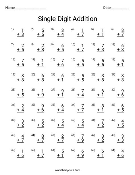 Single Digit Addition Math Sheets Printable