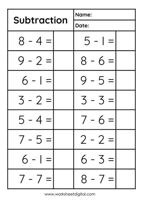 Single Digit Subtraction Printable Worksheets
