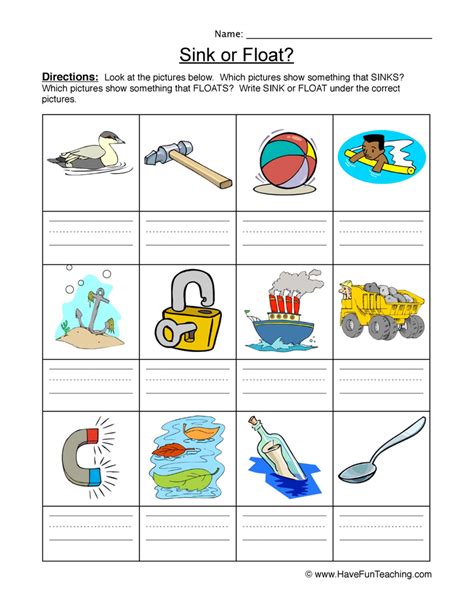 sink or float worksheet for kindergarten