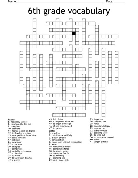 Sixth Grade Printable Crossword
