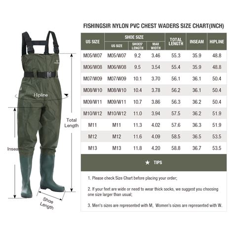 Sizing chart for fishing waders