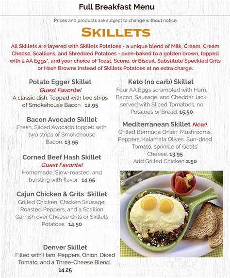 Skillets Menu With Prices