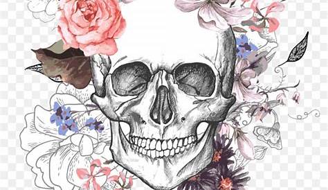 Skull With Flowers Line Art PNG & SVG Design For T-Shirts