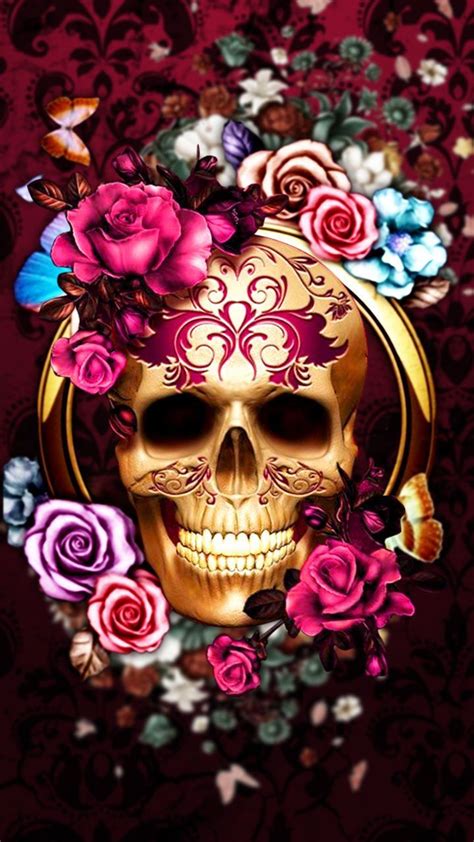 Skull and Flowers Seamless Background. Illustration, drawn. Wall Mural
