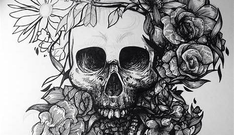Skull with Flowers, with Roses. Drawing by Hand. . Illustrator 10