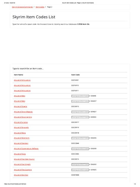 Skyrim Item Code Printable List Pdf