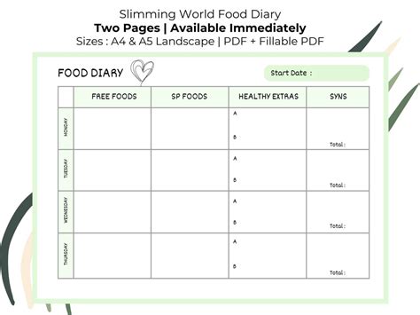 Slimming World Diary Sheet Printable