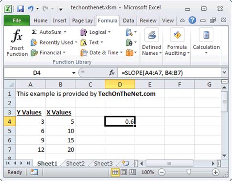 slope formula excel example