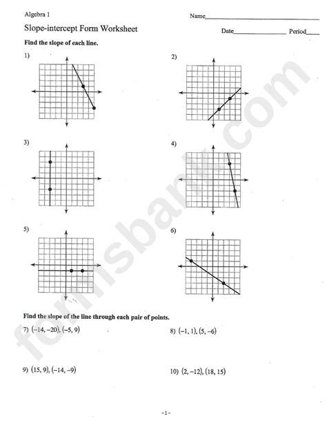 slope intercept form worksheet algebra 1 answer key