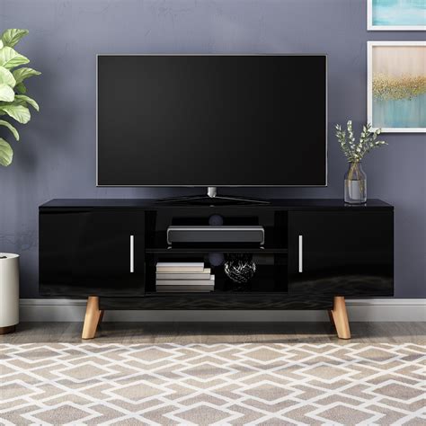 Black Wood Tv Stand MidCentury Modern Contemporary Adjustable Shelving