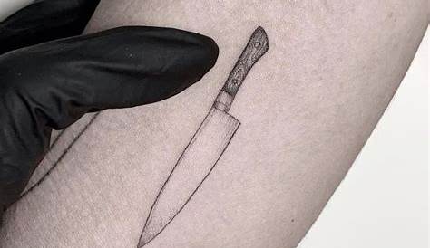 Small knife tattoo on the left arm by Kelli Kikcio Knife