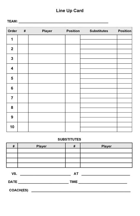 Small Baseball Lineup Card Printable